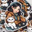 Placeholder: very beautiful sticker like realistic cartoon girl with cat