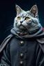 Placeholder: Real Grey Cat pltmysterious medieval clothing blues abstract muted background