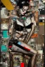 Placeholder: Ultra detailed medium portrait painting of a half naked woman sitting on a chair, no nudity, bended over, dark room with little light coming from an open door behind her, torn up collage of clippings, broken circuitry background, matrix effects, punk visual art, punk art aesthetic, graffiti art, pop surrealism, collage art, cluttered paint glitches