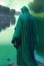 Placeholder: A man standing by the river, wearing a green robe with his hands cut off, a blue color