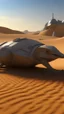 Placeholder: A zoom 3/2 view of Scorpion with a realistic background photo of a landscape covered in sands that looks futuristic with futuristic lighting , a caravan in the heat of the desert from the “Breaking Bad” episodes