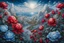 Placeholder: Striking white and blue landscape with red peonies. extreme details (Original prompt and modifiers by OksanaKolbasa) Modifiers: fantasy intricate 8k cinematic lighting very attractive beautiful award winning fantastic view ultra detailed high definition crisp quality Michelangelo acrylic art intricate details Jacek Yerka Rubens