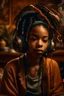 Placeholder: earthy black young woman listening to music with headphones, soul, peace, majestic, earthy colours, at peace, happy, incense, jewels, bands, natural, old school headphones, sensual eyes