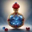 Placeholder: Golden round perfume bottle with a blue crystal cap and small red decorations. Illustrative art, art interpretation, concept art, cgsociety contest winner, seasonal art, seasonal art HD, 4k, 8k, intricate, detailed, intricately detailed, luminous, translucent fantasy crystal, holographic data, soft body, shadow play, light, fog, atmospheric, cinematic, light film, hyper-detailed, hyper-realistic, masterpiece, atmospheric, high resolution, 8k, HDR, 500px, mysterious and artistic digital art, phot