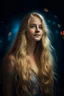 Placeholder: portrait of a beautiful Norwegian woman with super long blond hair, warm-hearted, goddess, starlight, stardust