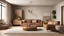 Placeholder: Home interior mock-up with brown leather sofa, table and decor in living room, 3d render