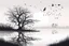 Placeholder: Illustration of a lonely dark tree with barren branches stands on a water's edge, reflected in the water, fog, crows on the sky, mystical landscape, sinister mood, line art