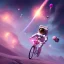 Placeholder: astronaut in pink suit flying through space on a bicycle in the style of Disney Pixar