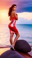 Placeholder: very nice real face beautiful sexy roman with make up at the beach standing next a big rock,in a short lace red and silver dress, full body, 3D cloudy sky volumetric nice clouds 8k sharp focus,sunset,golden hour,medium shot