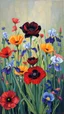Placeholder: blooming garden of poppies and iris Painting in Bosch painting art style painted by Patrick heron , source pinterest , singular or devian art , black rose in the middle.