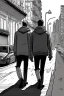 Placeholder: Street, two men walking. Graphic novel style Isabel Kreitz