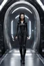 Placeholder: photorealistic slim woman looking like Drusilla with black boots standing at the entrance to a spaceship