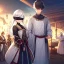 Placeholder: White haired girl with blindfold wearing white robes. Boy with black hair in peasant clothes. Background medieval market