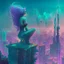 Placeholder: A mermaid perched atop a skyscraper, looking out at the towering neon buildings that jut out of the polluted, smog-filled horizon.