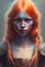 Placeholder: viking girl, cute, beautiful, orange hair, viking hair, wild bangs, blue eyes, big eyes, freckles, long eyelashes, pink lipstick, thin lips, small nose, Gillian from Practical Magic, 8k resolution concept art portrait by Greg Rutkowski