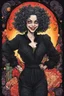 Placeholder: a cartoon illustration of a schizophrenic curly, short haired vampire girl in a black jumpsuit, in the cartoon style of Lynda Barry , Ernie Pook's Comeek, vibrant natural colors, , museum quality masterpiece