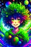 Placeholder: 1 Guy, good looking, crazy hair, evil grin, detailed eyes, one rainbow colored eye, one green and yellow eye, galaxy background, lots of magic floating around, holding a planet in right hand, a girl, cute face, upper body, two legs, beautiful detailed eyes, stars in the eyes, messy floating hair, colored inner hair, Starry sky adorns hair, lots_of_big_colorful_Bubble, pearl, Galaxy, depth of field,1 anime dragon girl, 1 anime demon girl, 1 anime angel girl, 8k,