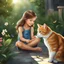 Placeholder: very beautiful realistic cartoon 10 years old girl playing with a cat