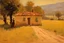 Placeholder: sunny day, mountains, trees, dirt road, countryside, nostalgy influence, adobe house, alfred stevens and ludwig dettman impressionism paintings