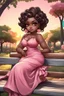Placeholder: A curvy chibi cartoon black woman sitting on a park bench, facing the sunset. She has brown eyes accentuated by dramatic makeup. Her brown hair is done up in an elaborate curled twist. She sits slightly angled, wearing a flowing pink maxi dress with tropical flowers that seems to flutter in the gentle breeze.