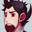 Placeholder: anime discord profile picture of man with short black hair with red streaks, with dragon horns on top of his head, looking mischievous