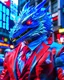 Placeholder: Man in dragon mask amazingly detailed dragon suit city mask background digital art red, white and deep blue 8k