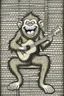 Placeholder: Outline art of laughing monkey with hair texture holding a guitar sitting on a chair and brick wall background