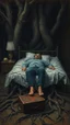 Placeholder: Bosch painting style nightmare, sick man laying down his legs are tree roots , a suitcase by his bed in dramatic sad scene, fantasy,