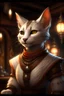 Placeholder: portrait of a Tabaxi female barbarian in D&D style, light grey orange white fur, feline facial features, intricate costume design, fantasy tavern background, patrons and wood-beamed ceilings slightly out of focus, candlelight casting a warm glow, ultra realistic, highly detailed, dramatic lighting, facing front