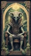 Placeholder: Pans labyrinth, framed playing card illustration, close up portrait of a happy blessed immaculate dissolved ancient magical scaly slimy weird alien mad max soldier posing for photo shoot on a throne, holding a burning sceptre, in a space alien mega structure with stairs and bridges woven into a sacred geometry knitted tapestry in the middle of lush magic jungle, bokeh like f/0.8, tilt-shift lens 8k, high detail, smooth render, down-light, unreal engine, prize winning