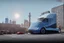 Placeholder: A Tesla 'Semi' (semi truck) is parked, near the 'Pier 11' in Manhattan. (CINEMATIC, WIDE ANGLE LENS, PHOTO REAL)