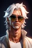 Placeholder: 8k dimension, high resolution, ultra quality, a glamour white-haired and tan-skinned male character with sunglasses, portrait, anime style.