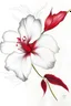 Placeholder: plain white page with a crosshatched ink drawing of a hibiscus branch with leaves. A realistic red hibiscus flower blossoms out of the page