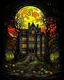 Placeholder: Moon, halloween night, shadowy old mansion surrounded by cemetery garden, dark forest in the background,HDR,UHD,8K, best quality, masterpiece, Highly detailed, ultra-fine painting, Urban Pulse::2 Street Art, deconstructionism, typographic expression, vibrant colors, urban surrealism, synthwave:: t-shirt vector, center composition graphic design, plain background::2 mockup::-2 --upbeta --ar 1:1