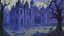 Placeholder: A purple graveyard filled with ghosts near a mansion painted by The Limbourg Brothers