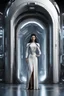 Placeholder: photorealistic slim woman looking and dressing like Drusilla standing at the entrance to a spaceship