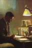 Placeholder: a painting of jeremy mann, a close up view of a young man writing on desk, dramatic vignette, dramatic lighting, afternoon dim light, dreamy, misty, desaturated, ominous, depressing, unsettling, creepy,( ( ( ( ( 1 9 5 0 s retro future robot android muted colors. ) ) ) ) ) by jean - baptiste monge!!!!!!!!!!!!!!!!!!!!!!!!!!!!!!