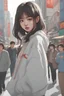 Placeholder: Beautiful 17 year old Chinese-Japanese woman wearing an oversized sweatshirt, standing on a crowded city street, hyper realistic, detailed face