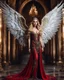 Placeholder: Photography realistic cinematic beauty color full body A Length image of very beautiful Super model Woman,blond long hair as an Beautiful Archangel with wings, dressing beauty design fashion luxurious queen gown red and black color combination fully crystals diamonds stone,in luxury castle full of lamps Background