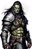 Placeholder: create a male fantasy Pathfinder half orc RPG full body character illustration with highly detailed facial features long hair hand held out to the side wearing simple armor in the art style of Wayne Reynolds, ink wash and watercolor, 8k, ArtStation, DeviantArt