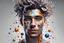 Placeholder: PAPERCUT 3d photo realistic portrait of young man, fantasy, handsome, hard eyes, glossy streaks of paint, paint blobs, shiny white transparent skin, shiny molten metalics, baubles, wild hair, high definition, octane render, 64k, 3d