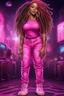 Placeholder: Create a digital airbrush cartoon of a curvy African American female wearing a hot pink jean outfit with timberland boots. Prominent make up with hazel eyes. She is wearing large diamond hoop earrings. Extremely highly detailed very long dread locs hair that shines. Background of a night club.