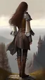 Placeholder: girl, brown hair, she wears fantasy medieval clothes, she is slim, full body with boots, view from the back