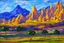 Placeholder: Sunny Day, futuristic buildings near the mountains, sci-fi, tendency to impressionism influence, realistic painting