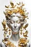 Placeholder: White background, portrait of a Woman with a lively face, statue made of gold, flowers, birds