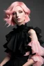 Placeholder: Pale pink Hair fashion model wearing a ruffles pink and black voile dress