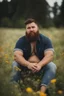 Placeholder: full figure photography, shy muscular big fat chubby, 35mm lens, burly italian man short hair, 27 years old sitting in the meadow with a flower in a hand, near a big farm , red short beard, , hairy armpits, manly armpits, ugly, manly chest, hairy chest, big shoulders, , huge belly, manly chest, shirtless, with boxer, emotive eyes looking at camera, photorealistic ,sunlight , ambient occlusion, side view, poetic composition, golden ratio