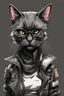 Placeholder: create a wild caricature of a grizzled streetwise cyberpunk female mercenary Black cat, highly detailed with refined feline features in the cartoon caricature style of Gerald Scarfe and Ralph Steadman precisely drawn, boldly inked, vividly colored, 4k