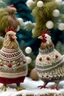 Placeholder: Vintage chickens in knitted fairisle sweater by a decorated Christmas tree with snow