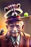 Placeholder: old man in 1928 poster advertising racoon tennis, raccons flying in air between tennis rackets while humans::4 use them as a tennis ball